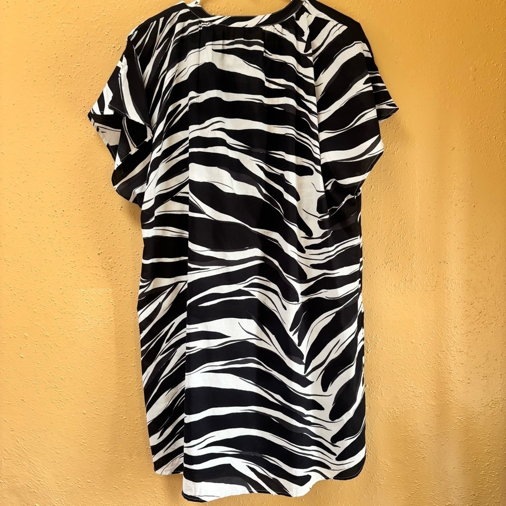 HM Women Black White Zebra Print Cotton Tunic Dress Split Neck Tie L 11265507 - Picture 3 of 5